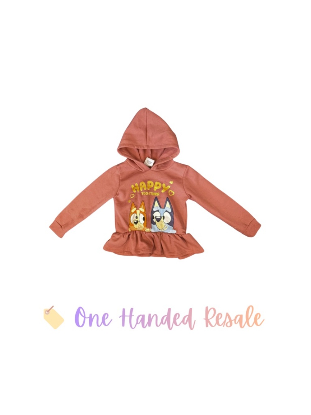 💛 Disney Bluey “Happy Together” Mauve Pink Hooded Hoodie Sweater Ruffle  4T